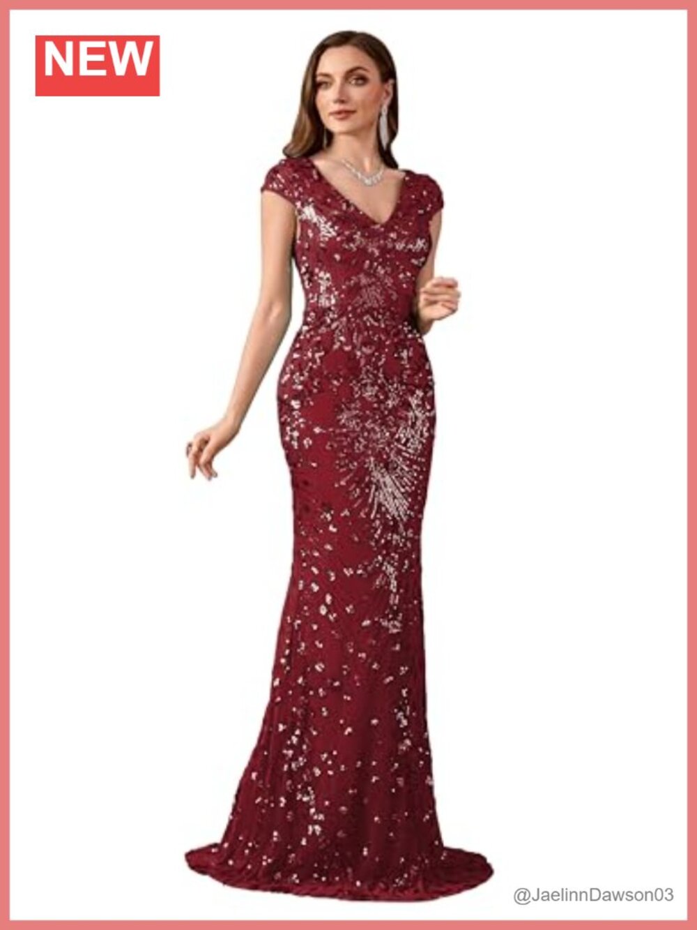 Sequined Mermaid Evening Gown V-Neck Short Sleeve Floor Length Formal Dress